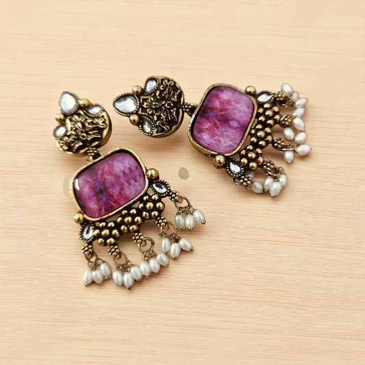 Oxidised Gold Antique Finish with Stone and Pearl Drops