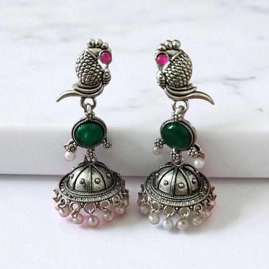 Oxidized Silver Peacock Jhumka Earrings with Stone & Pearls - Ethnic Indian Jewelry for Women
