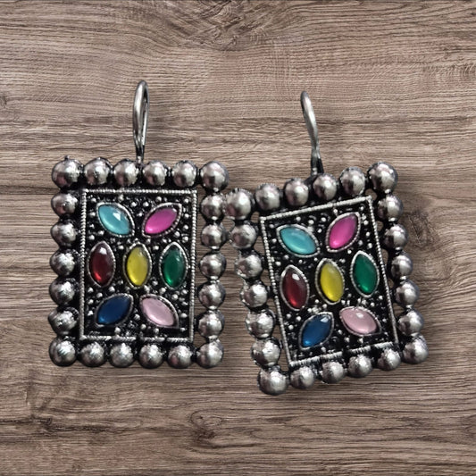 Oxidised Silver Square Earrings with Multi-Coloured Stone Inlay