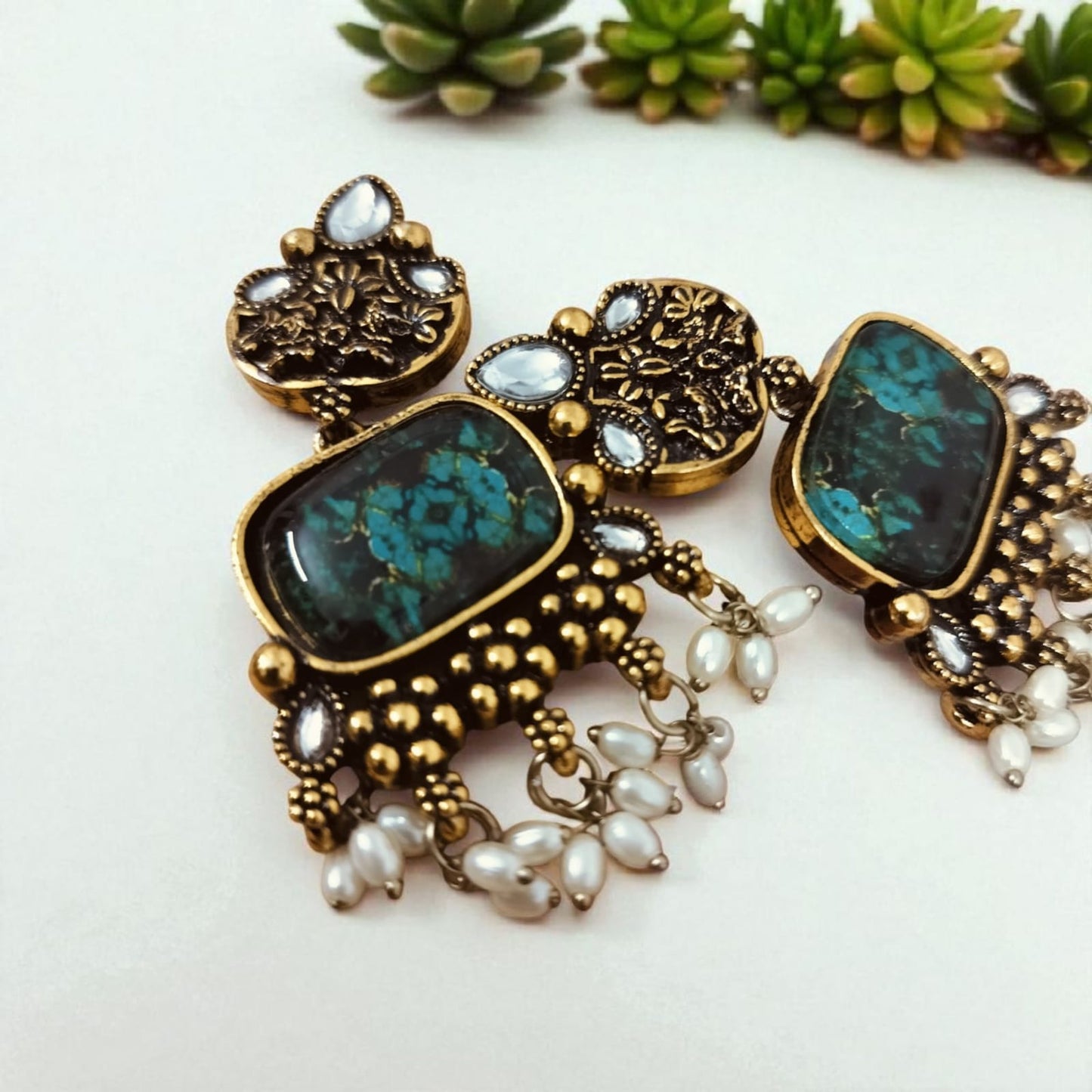Oxidised Gold Antique Finish with Stone and Pearl Drops
