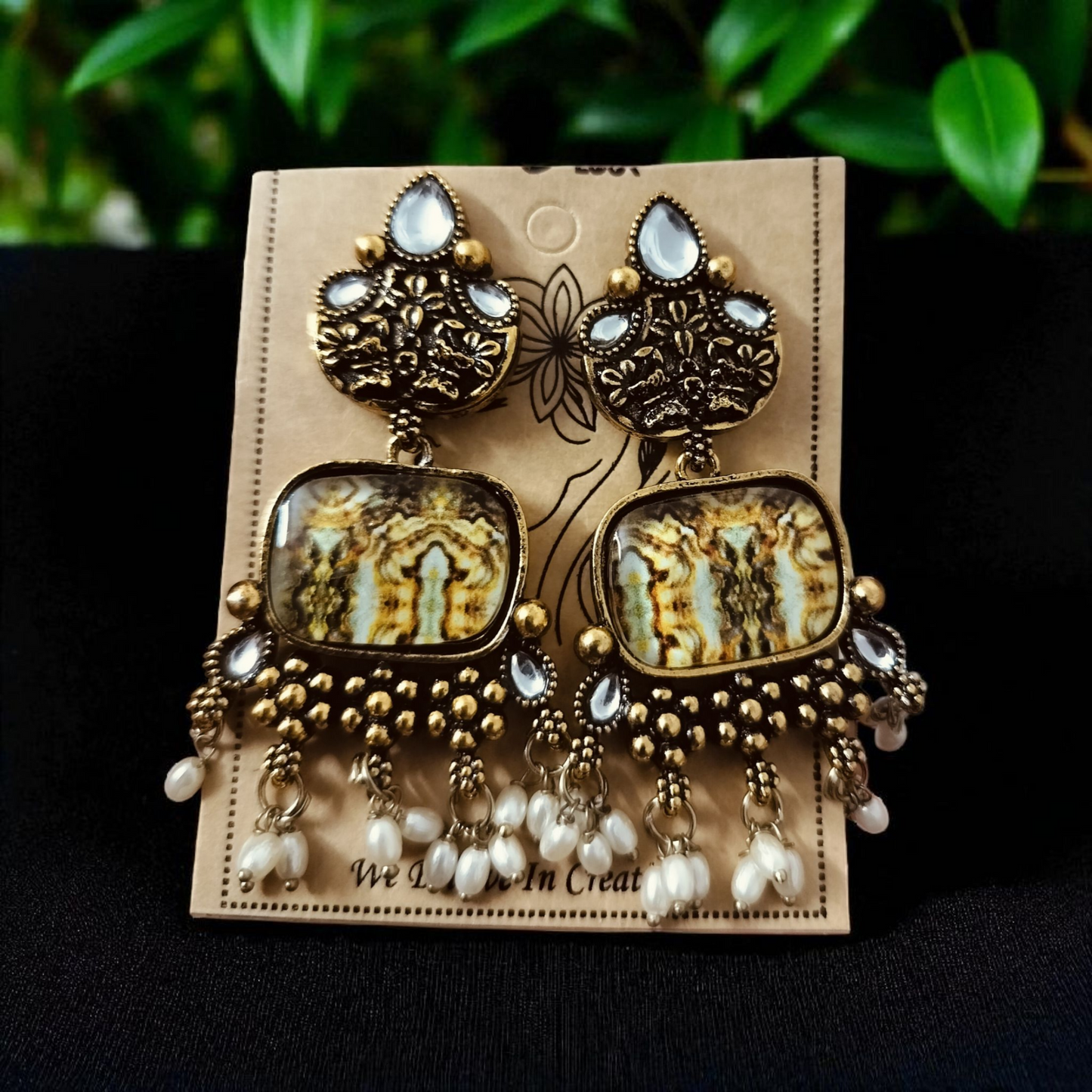 Oxidised Gold Antique Finish with Stone and Pearl Drops