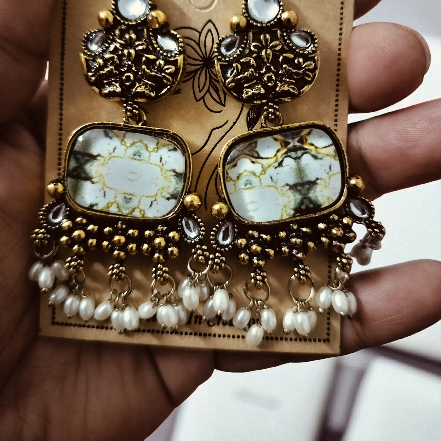 Oxidised Gold Antique Finish with Stone and Pearl Drops