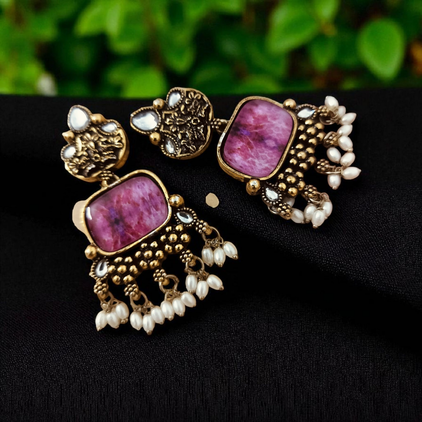 Oxidised Gold Antique Finish with Stone and Pearl Drops