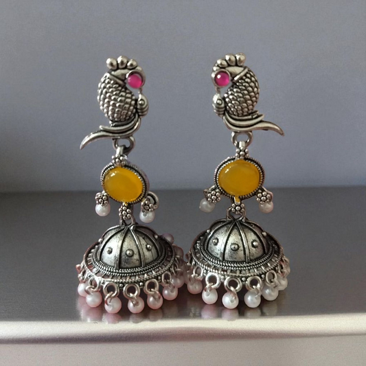 Oxidized Silver Peacock Jhumka Earrings with Stone & Pearls - Ethnic Indian Jewelry for Women