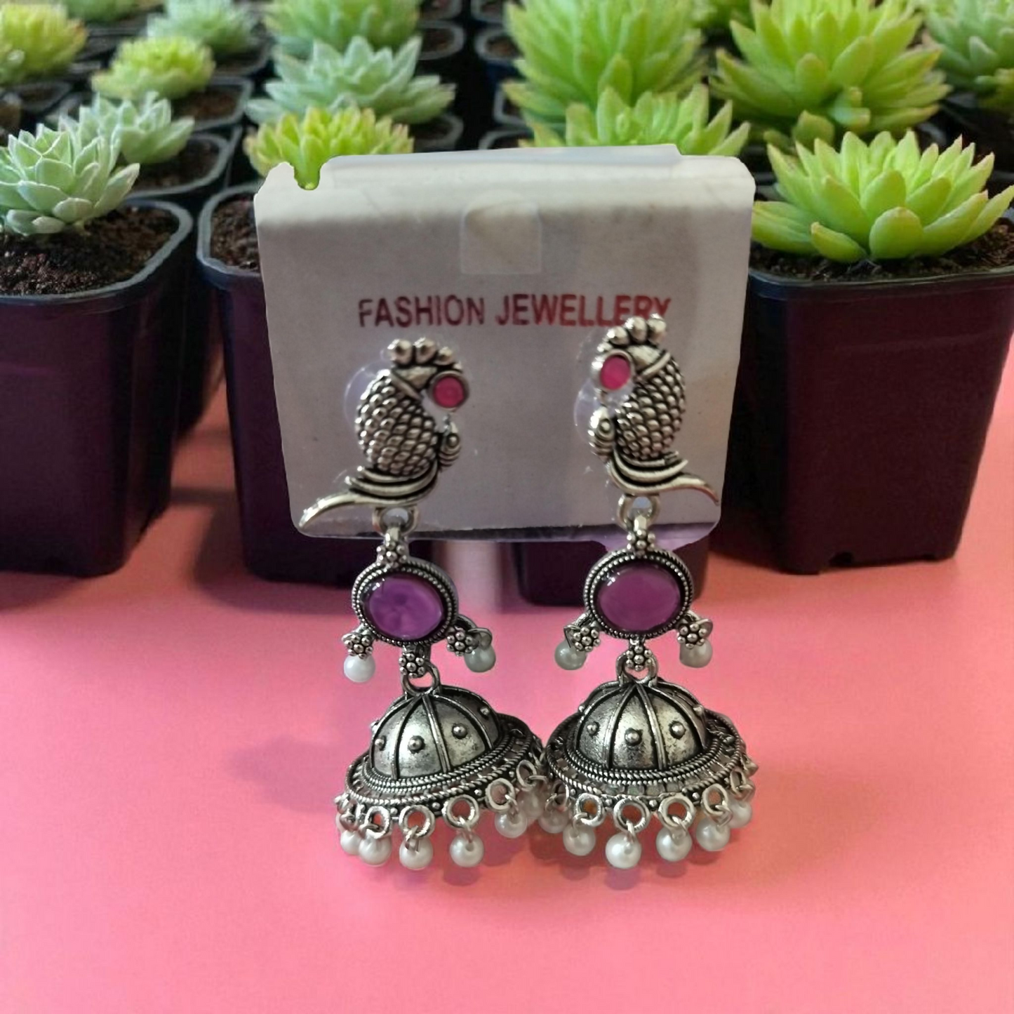 Oxidized Silver Peacock Jhumka Earrings with Stone & Pearls - Ethnic Indian Jewelry for Women
