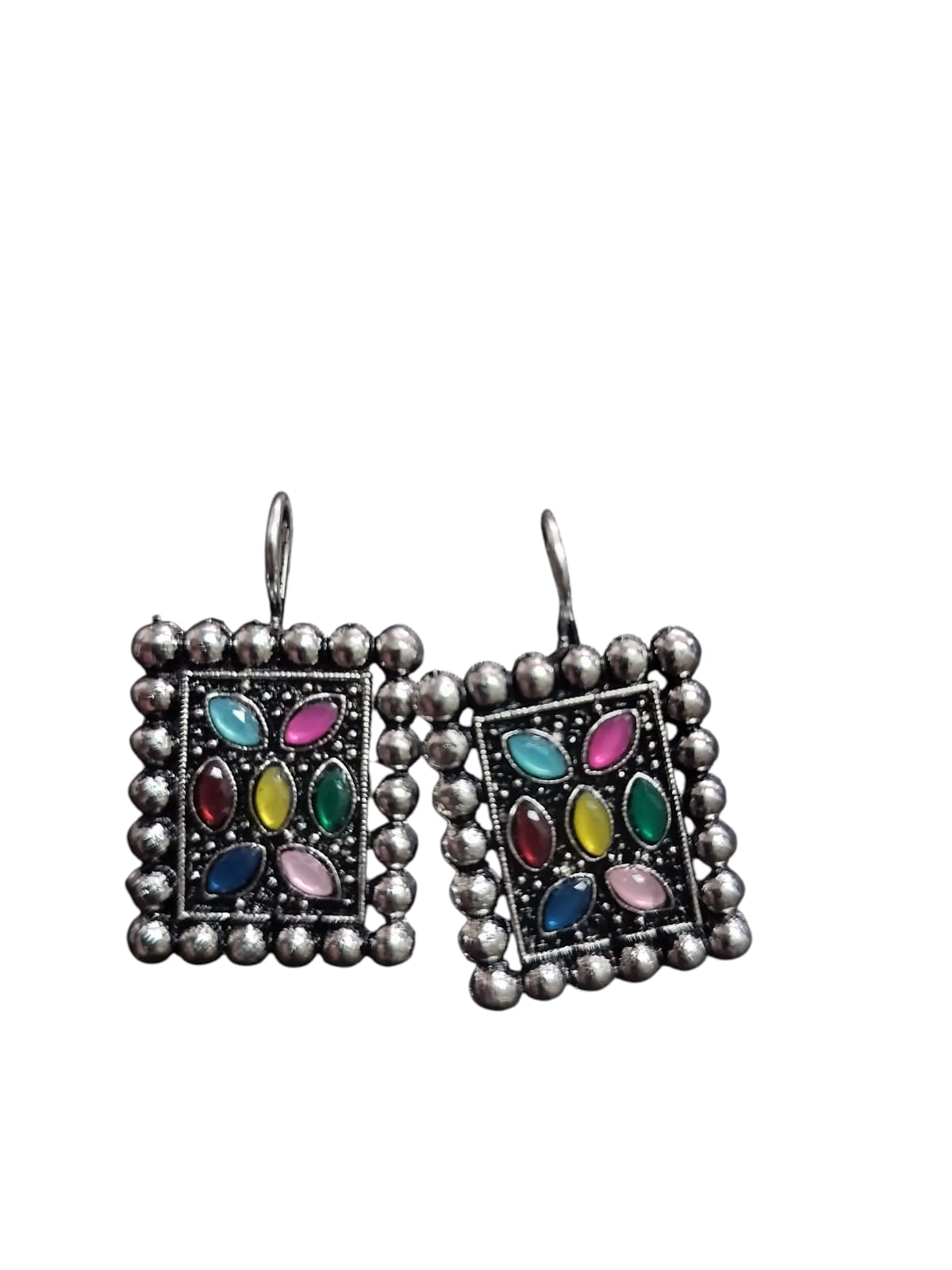 Oxidised Silver Square Earrings with Multi-Coloured Stone Inlay