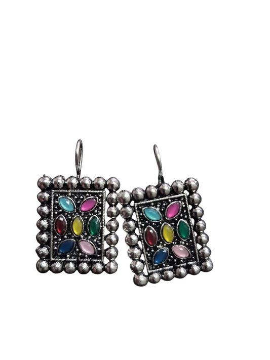 Oxidised Silver Square Earrings with Multi-Coloured Stone Inlay