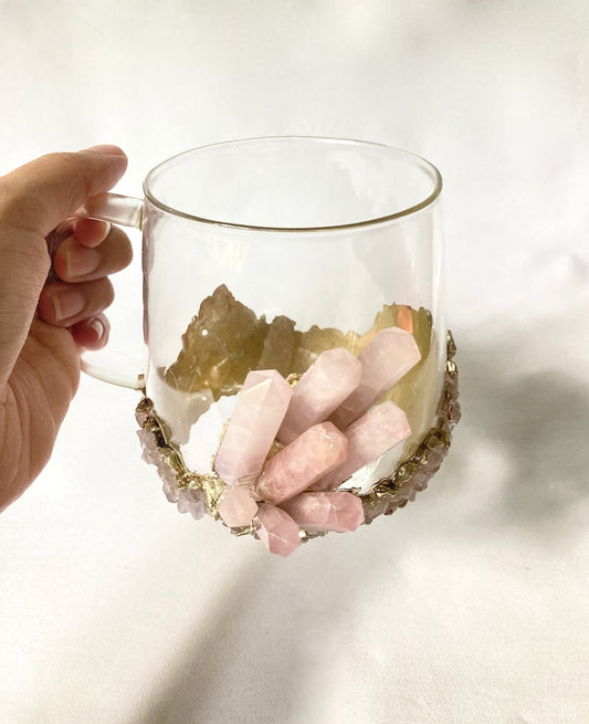 Set of 2 |Crystal Glass Coffee/Tea/Juice Mugs with Gold Plated Rose Quartz Agate/Quartz Semi-precious Crystals | 17 oz/500 ml-1